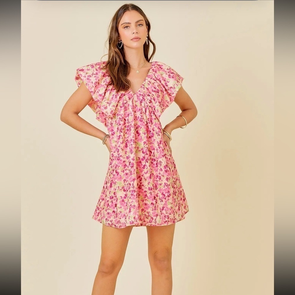 Day & Moon Warm Floral Print V-neck Mini Dress - Picture 1 of 7
